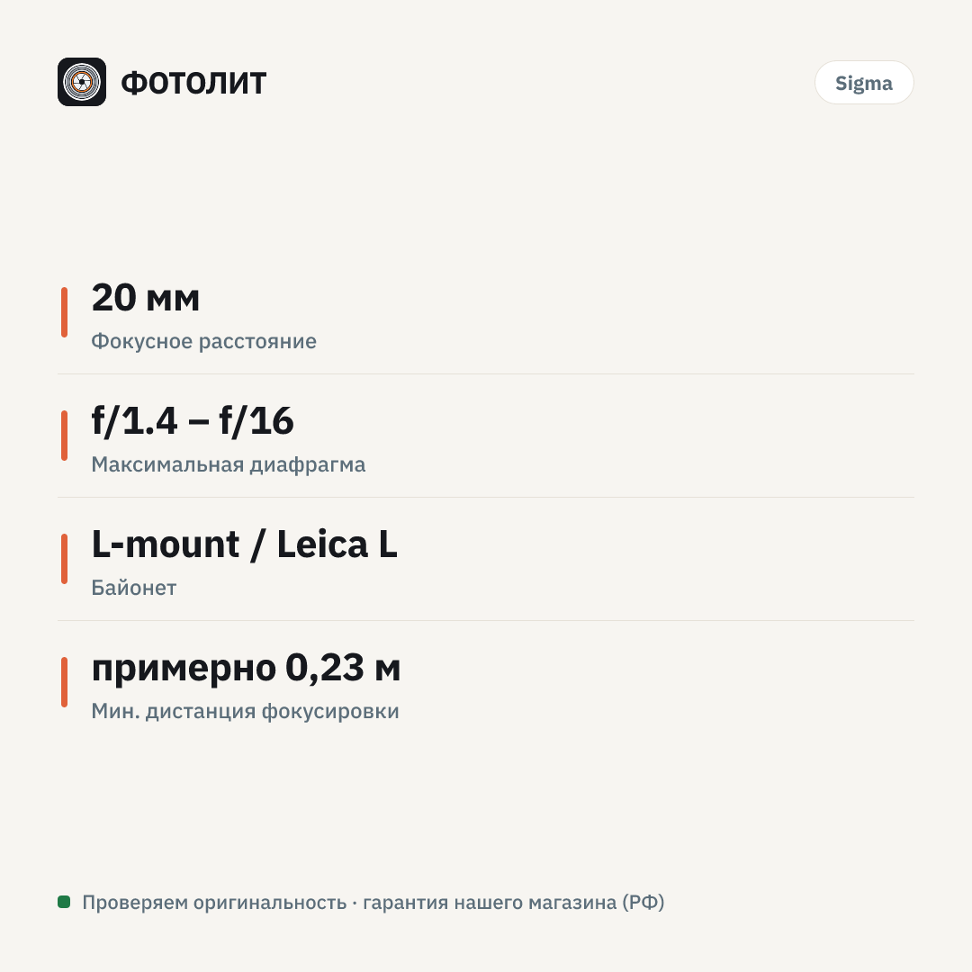 Объектив Sigma 20mm f/1.4 DG HSM Art L-mount — инфографика характеристик